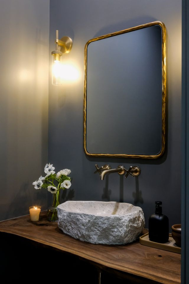 Moody powder bath with stone vessel sink, walnut counter, and hammered brass mirror